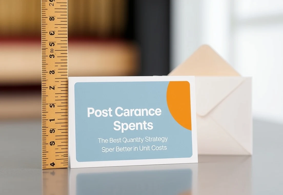 Cash Flow Friendly Postcard Quantity Planning: The Best Quantity Strategy for Better Unit Costs: a postcard standing next to a ruler and envelope to show scale.