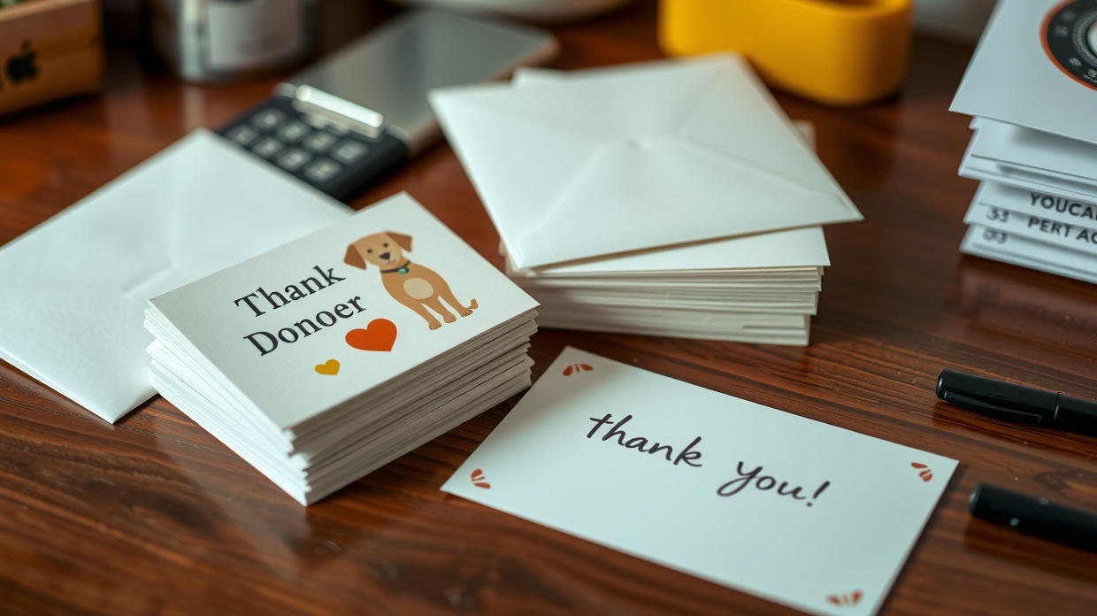 Rescue volunteer signing a thank-you card for a donor