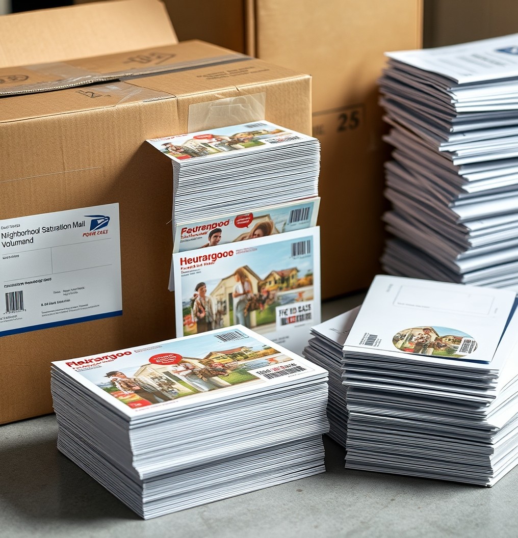 Neighborhood Saturation Mail Volume Planning Without Waste: A Smarter Volume Plan: a stack of postcards bundled for mailing beside a shipping box and postal forms.