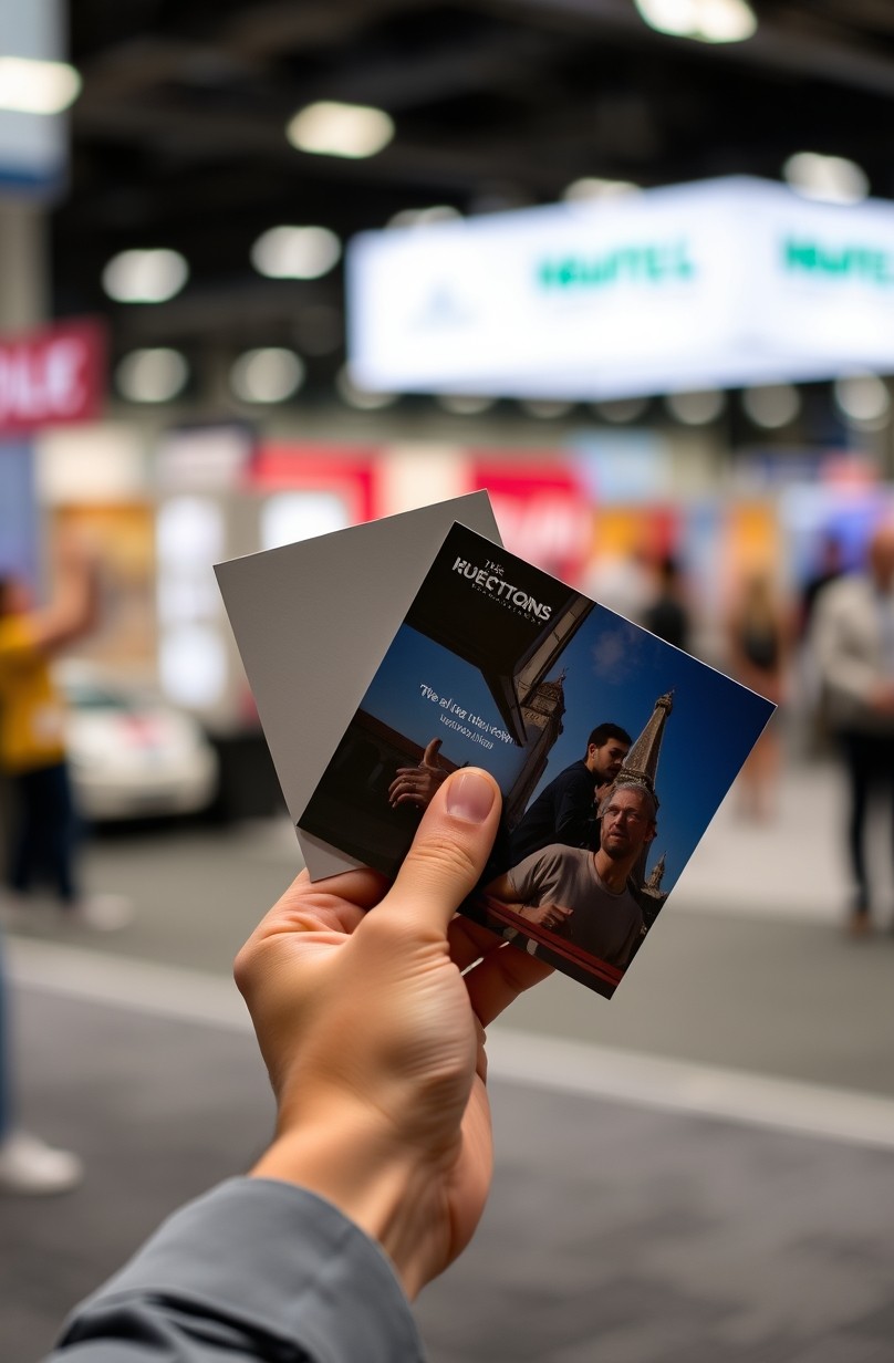 Trade Show Handout Postcard Quantities: The Best Quantity Strategy for Better Unit Costs: a hand holding two postcards of different sizes at the same time.