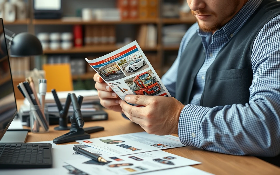 When Retail Multi Store Postcard Allocation Makes Sense And When It Does Not: a retail manager holding a postcard proof beside relevant business props on a desk.