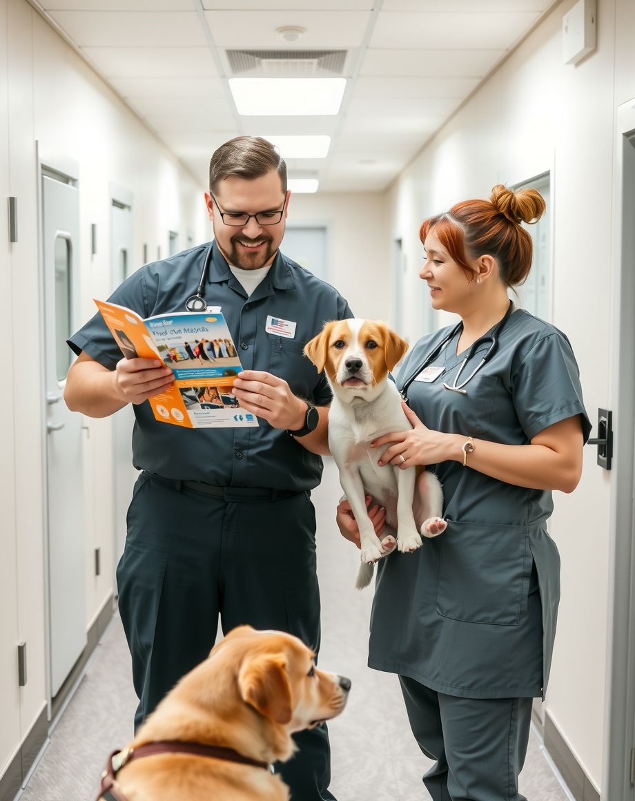 Boarding staff member showing a brochure to a pet owner