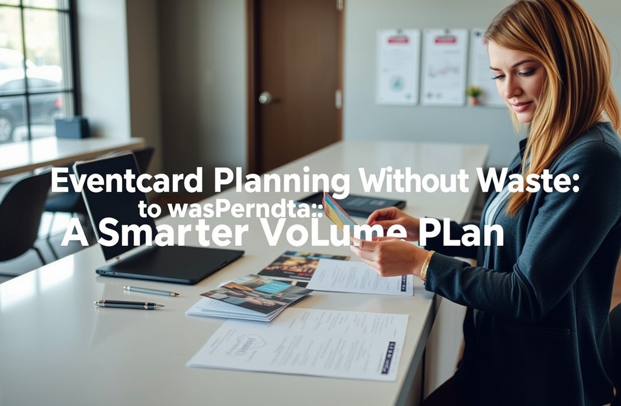 Event Series Postcard Inventory Planning Without Waste: A Smarter Volume Plan: a event planner reviewing postcard samples on a clean counter with local campaign notes.
