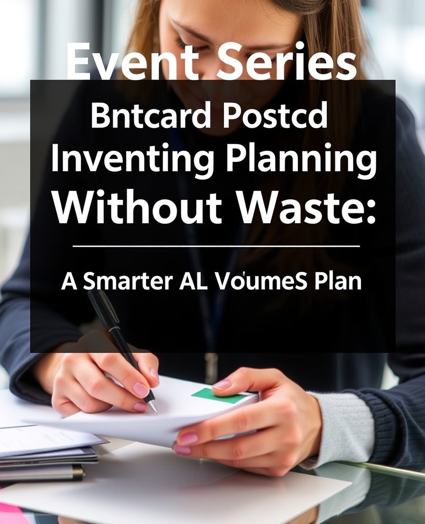 Event Series Postcard Inventory Planning Without Waste: A Smarter Volume Plan: a event planner checking a postcard mockup with a pen and paper notes.