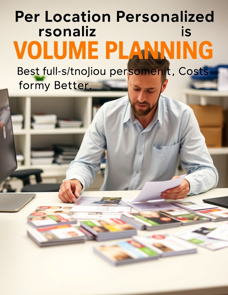 Per Location Personalized Postcard Volume Planning: The Best Quantity Strategy for Better Unit Costs: a designer reviewing format options on a clean desk with sample cards.
