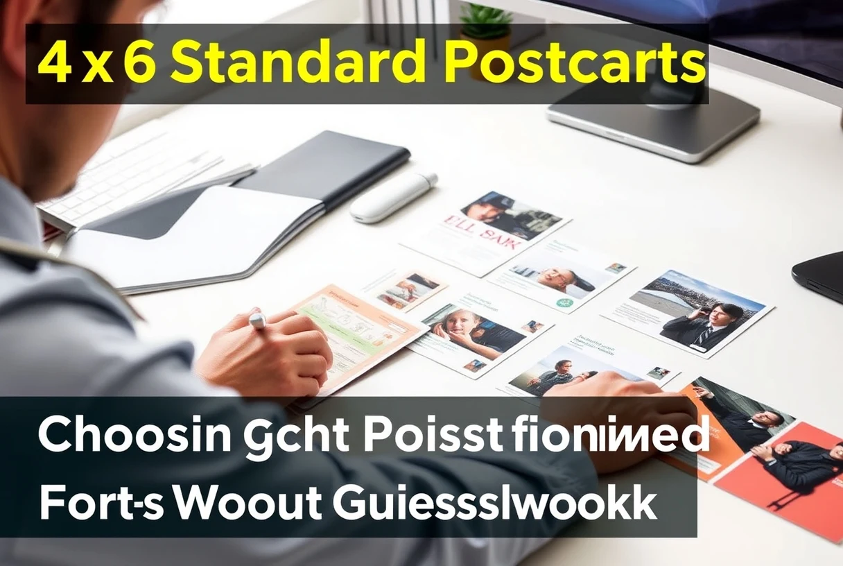 4x6 Standard Postcards: Choosing the Right Postcard Format Without Guesswork: a designer reviewing format options on a clean desk with sample cards.