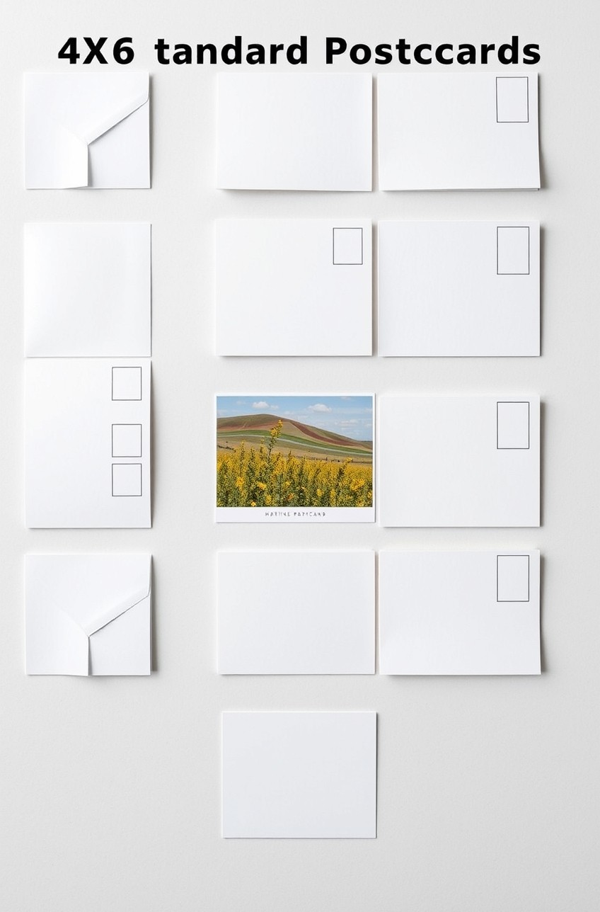 4x6 Postcard Size Guide: side-by-side comparison of 4x6, 5x7, and 6x9 postcard sizes on a table to show relative dimensions.