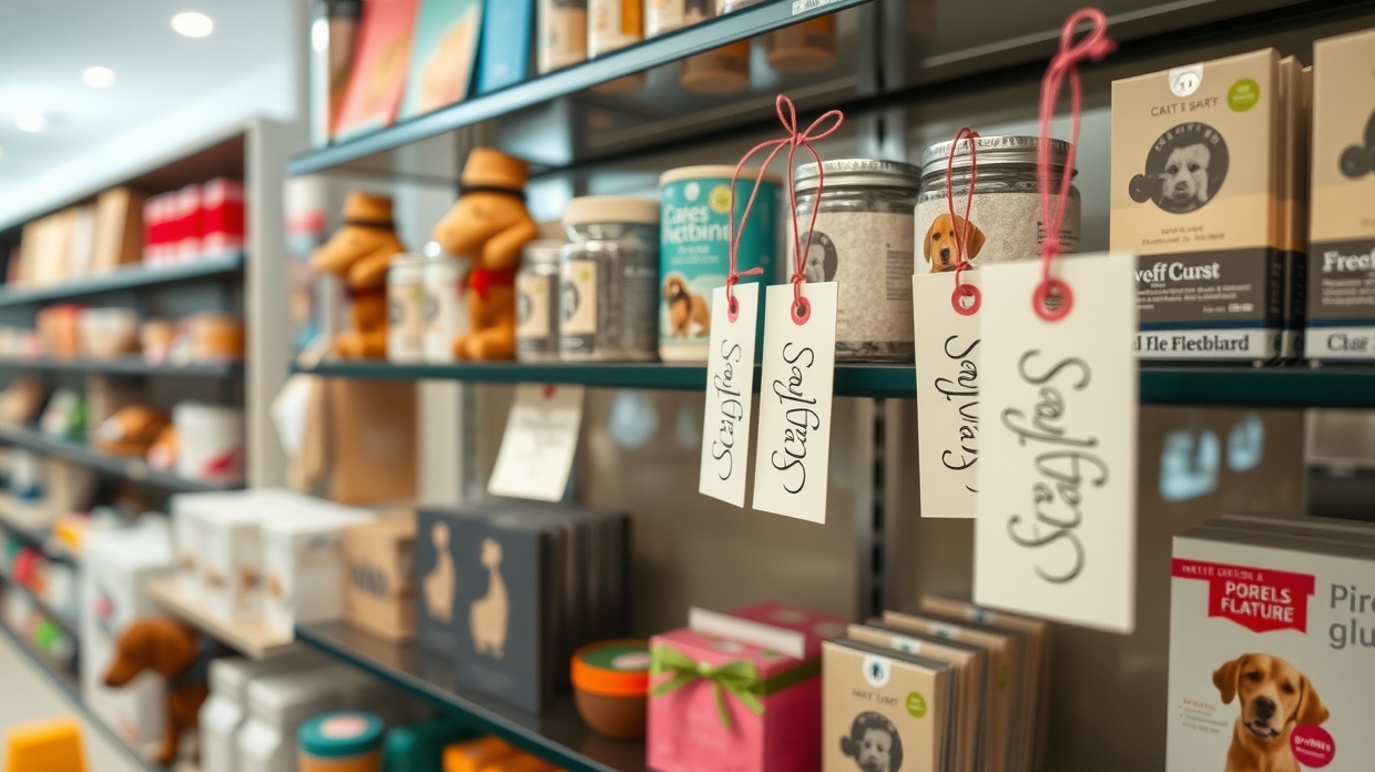Store owner attaching hang tags to pet products
