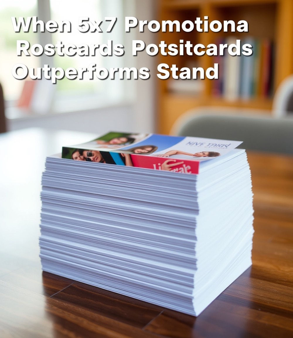 When 5x7 Promotional Postcards Outperforms Standard Postcards: a stack of postcard sizes arranged in ascending order on a tabletop.