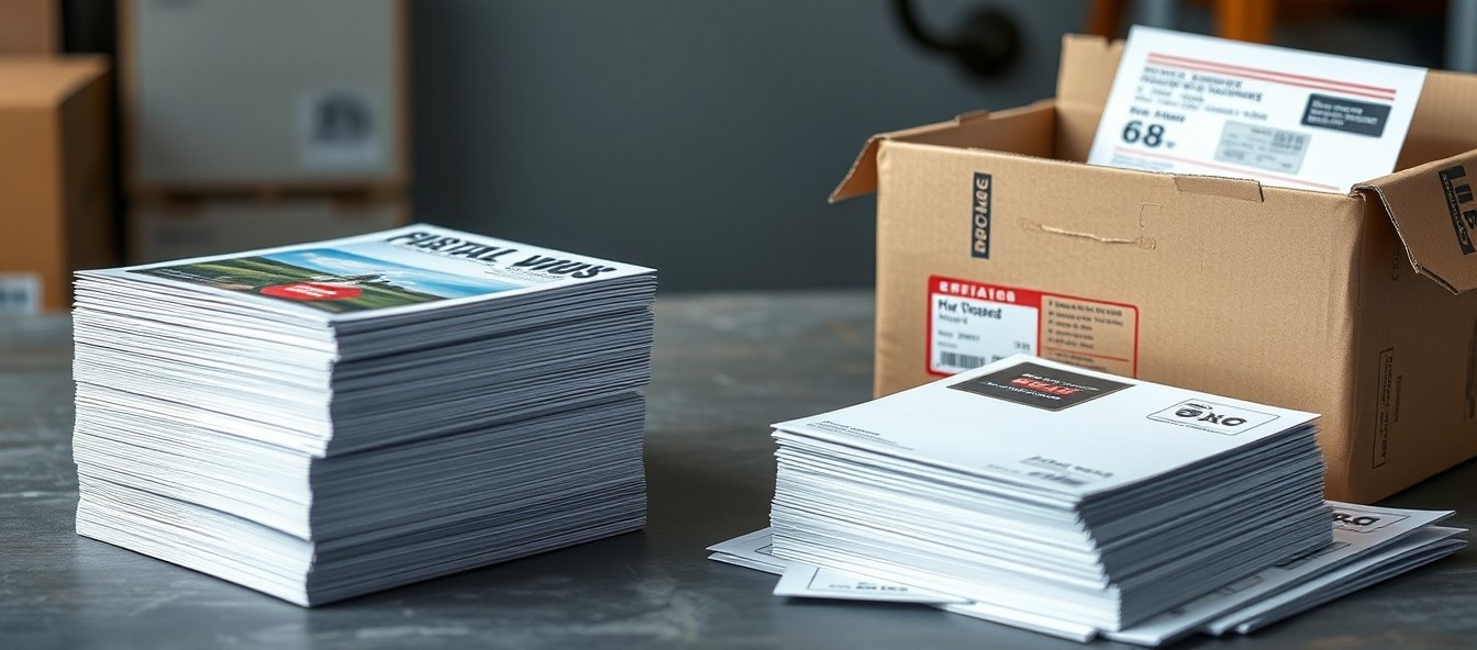 6x9 Direct Mail Postcards Explained: Size, Use Case, and Mailing Trade-Offs: a stack of postcards bundled for mailing beside a shipping box and postal forms.