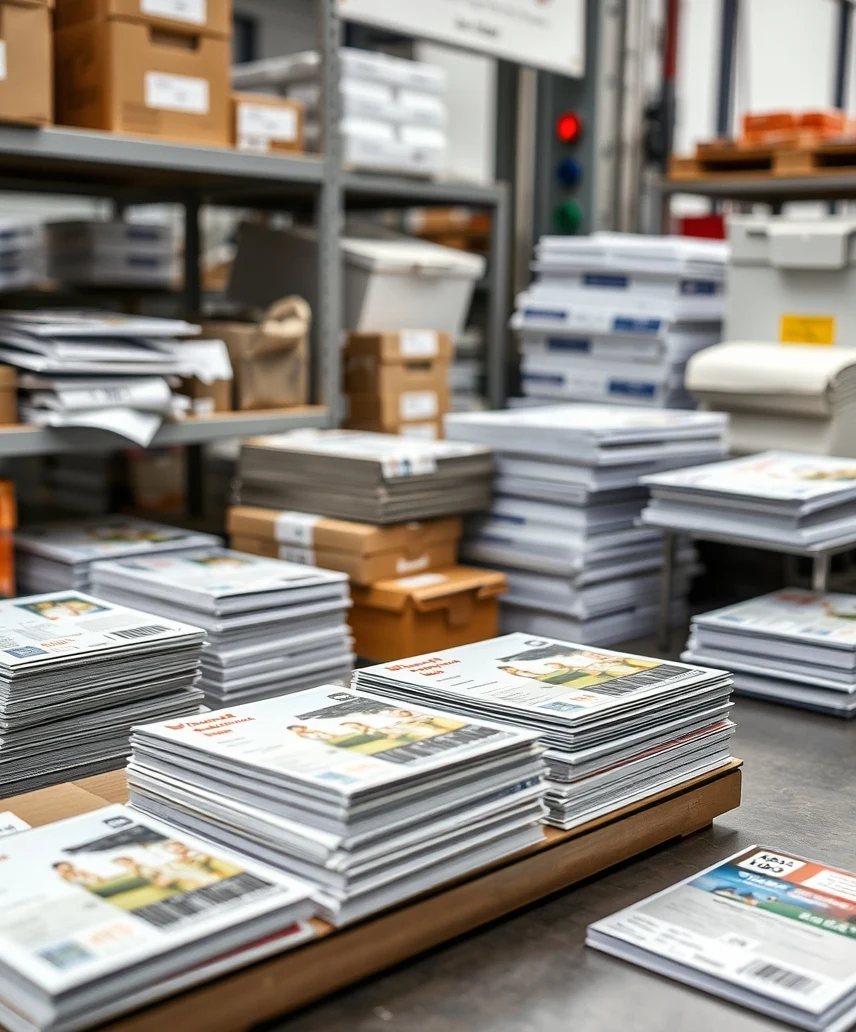 6x9 Direct Mail Postcards Explained: Size, Use Case, and Mailing Trade-Offs: a mail prep station with finished postcards, labels, and packing materials.