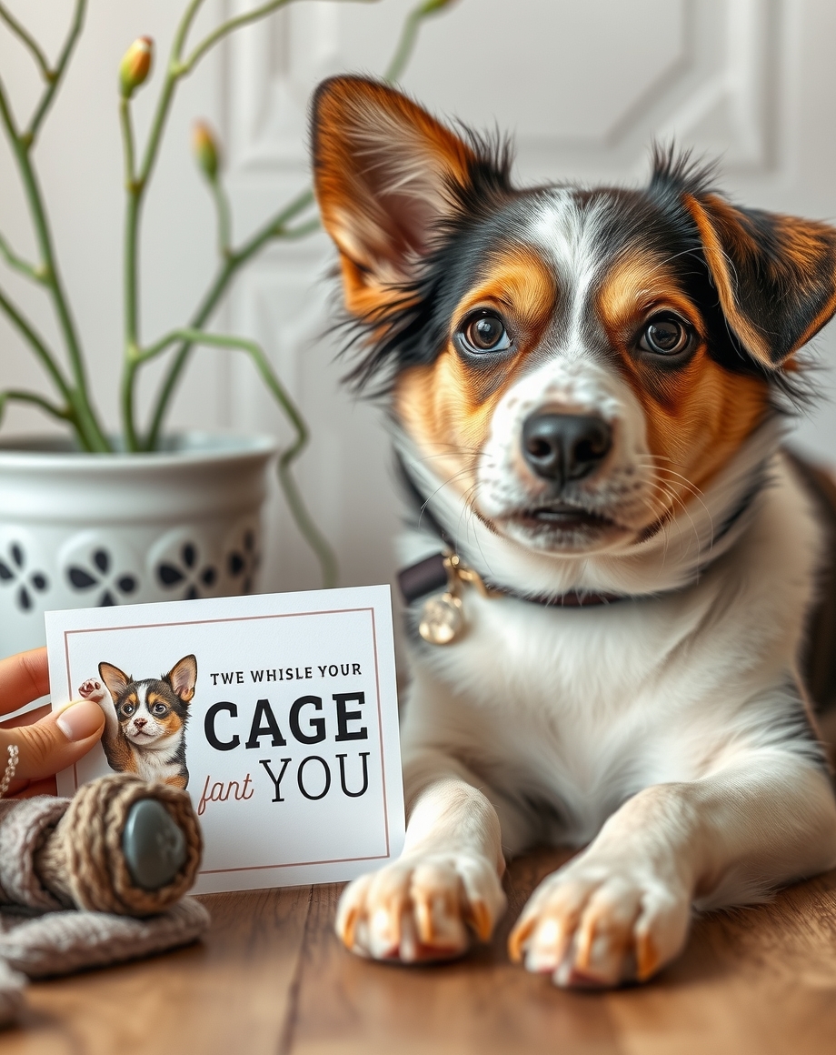Pet adoption thank-you cards on a nonprofit desk beside envelopes
