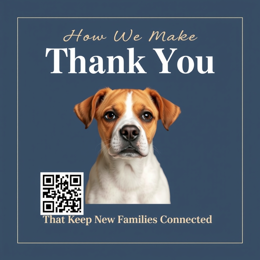 Thank-you card design with adopted pet photo and QR code