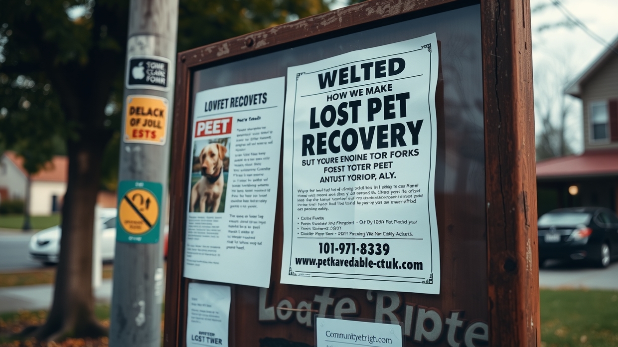 Pet owner posting a missing pet flyer on a lamppost