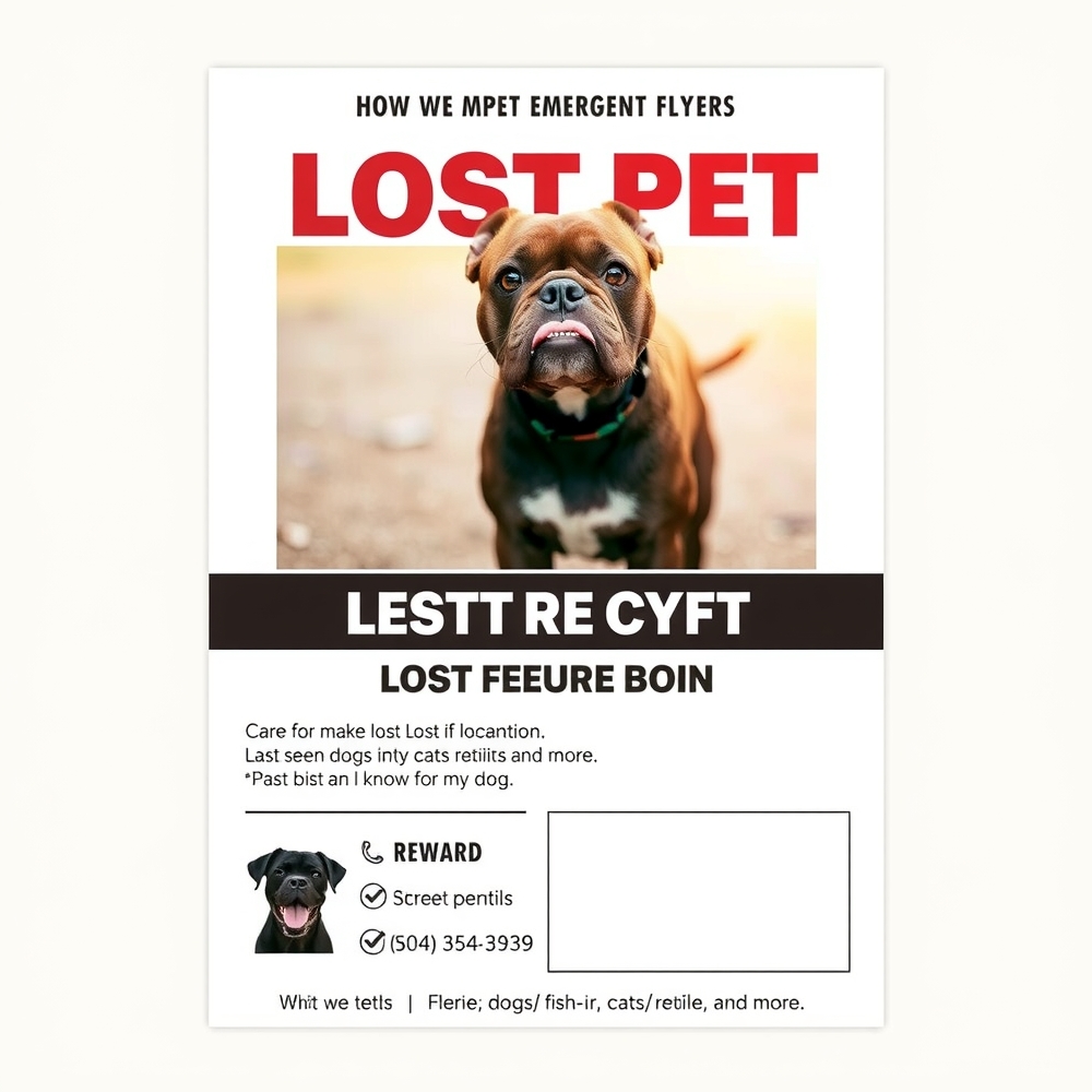 Lost pet flyer design with photo, last seen location, and reward