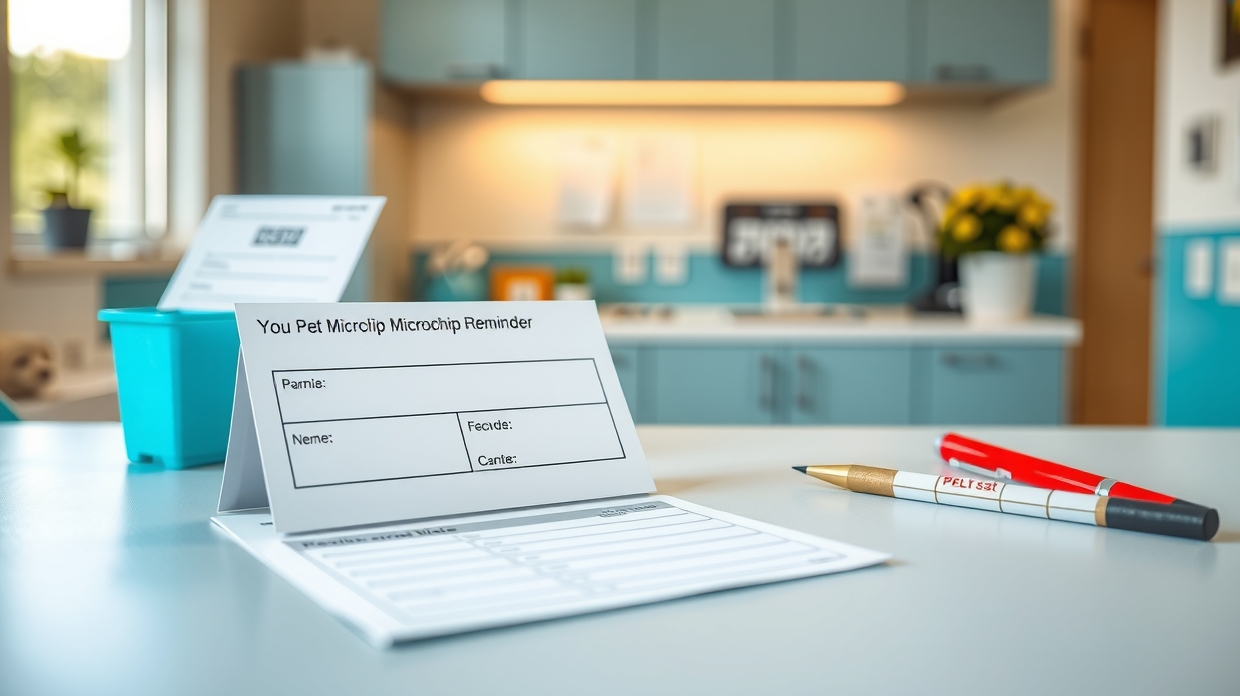 Vet receptionist giving a microchip reminder card to an owner