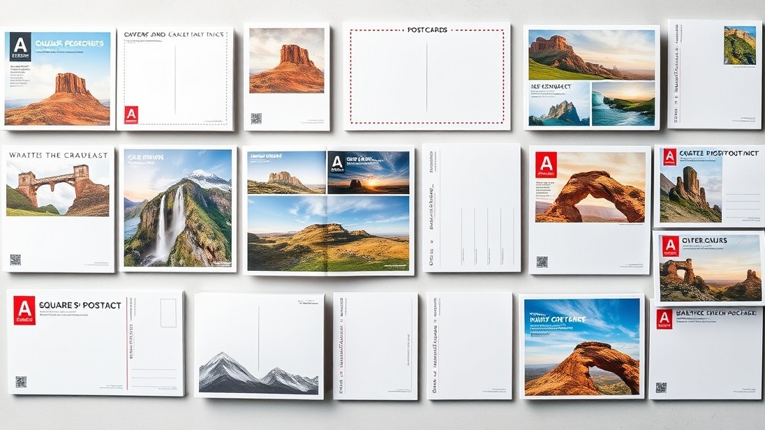 When Square Postcards Outperforms Standard Postcards: an overhead grid of postcard formats from compact to oversized.