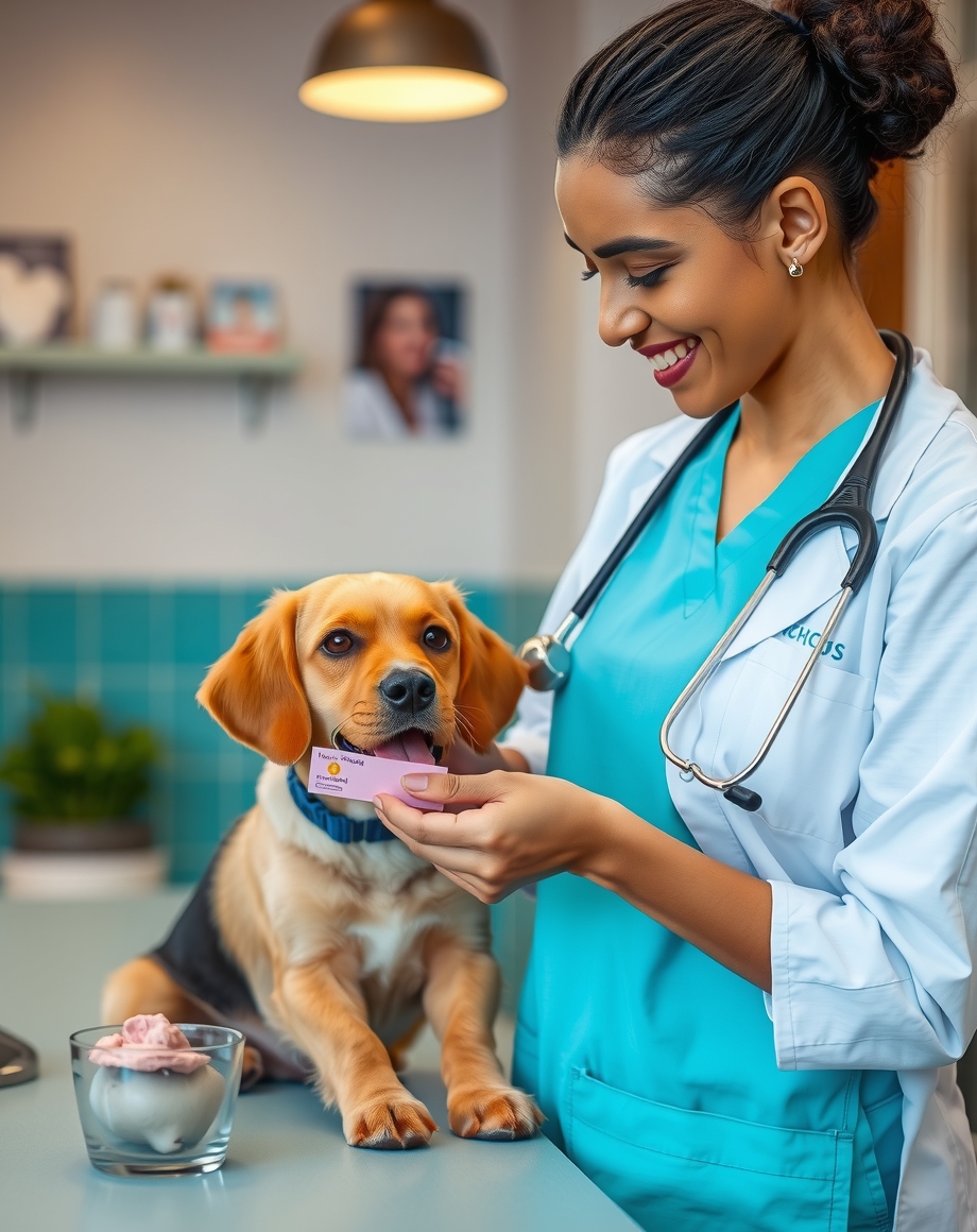 vet receptionist giving owner