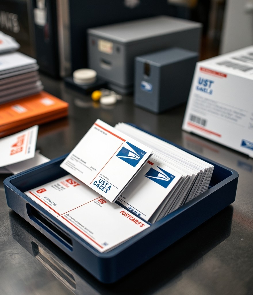 Slim Postcards Explained: Size, Use Case, and Mailing Trade-Offs: a USPS tray holding postcard mail pieces at a counter.