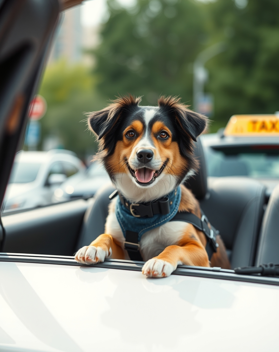 Pet taxi service flyer on a car dashboard with pet carrier