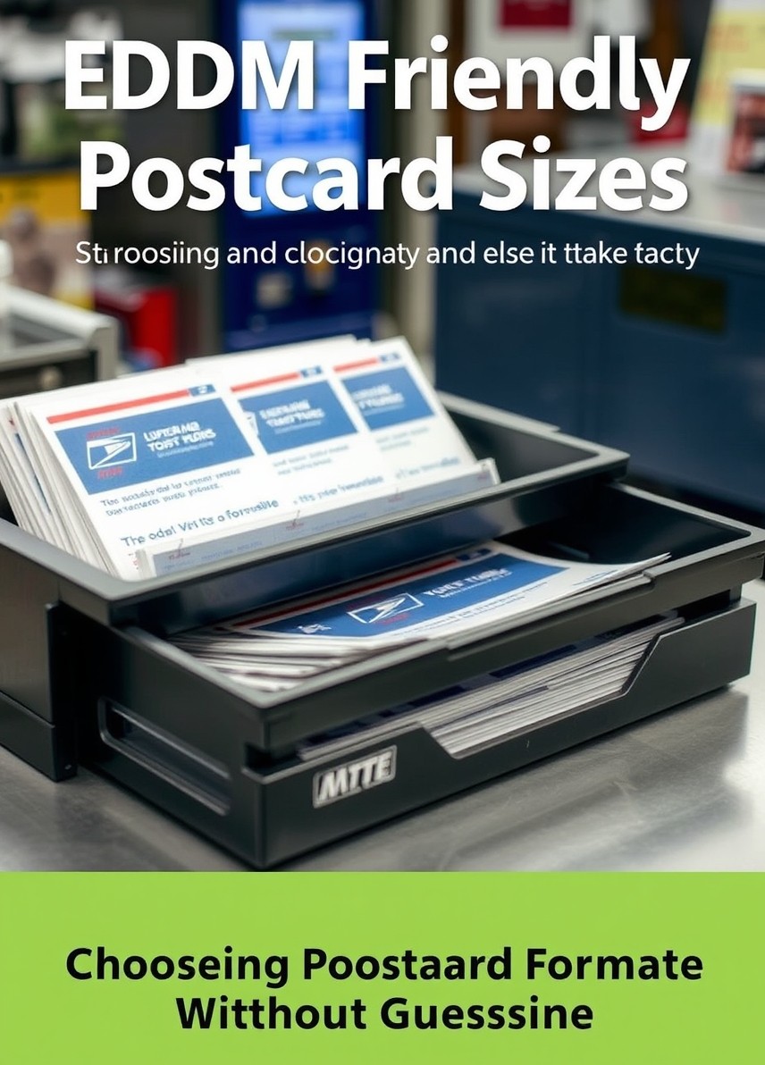 EDDM Friendly Postcard Sizes: Choosing the Right Postcard Format Without Guesswork: a USPS tray holding postcard mail pieces at a counter.