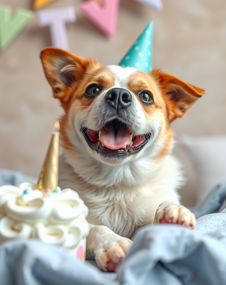 Pet birthday party invite on a colorful party table