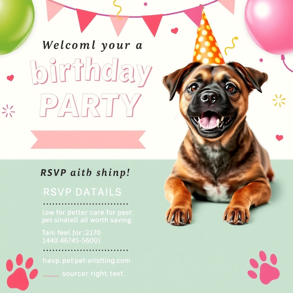 Birthday invite design with pet photo and RSVP details