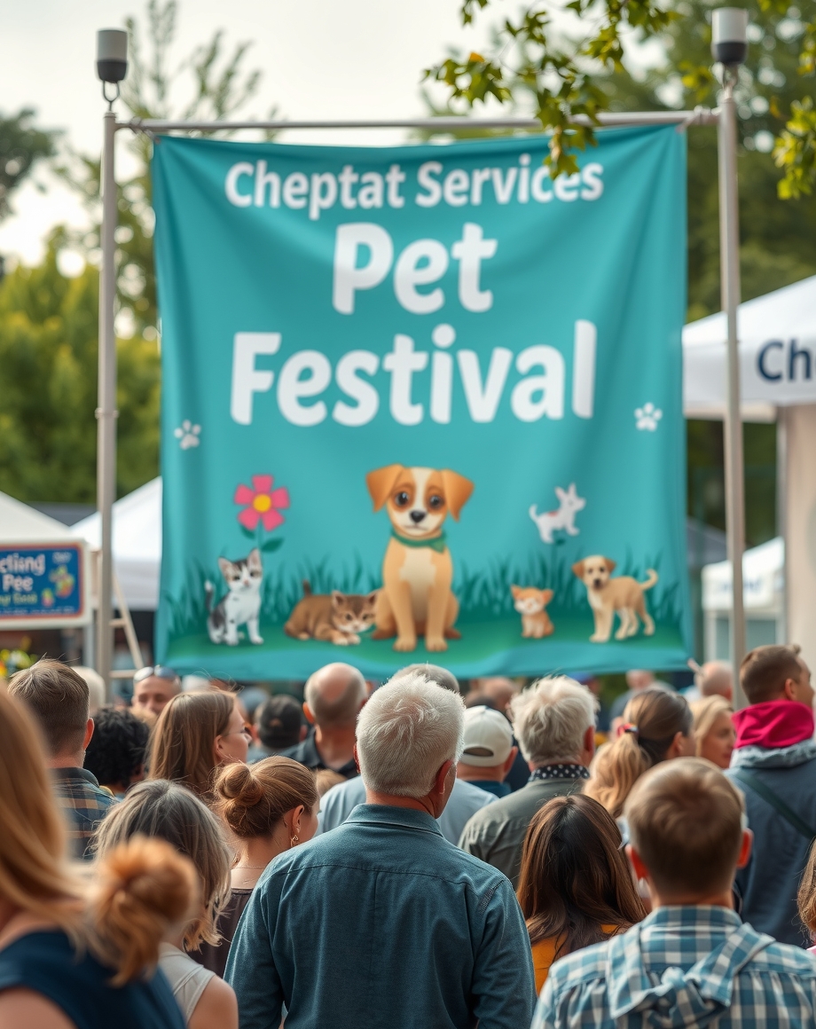 Pet festival banner displayed at a busy event booth