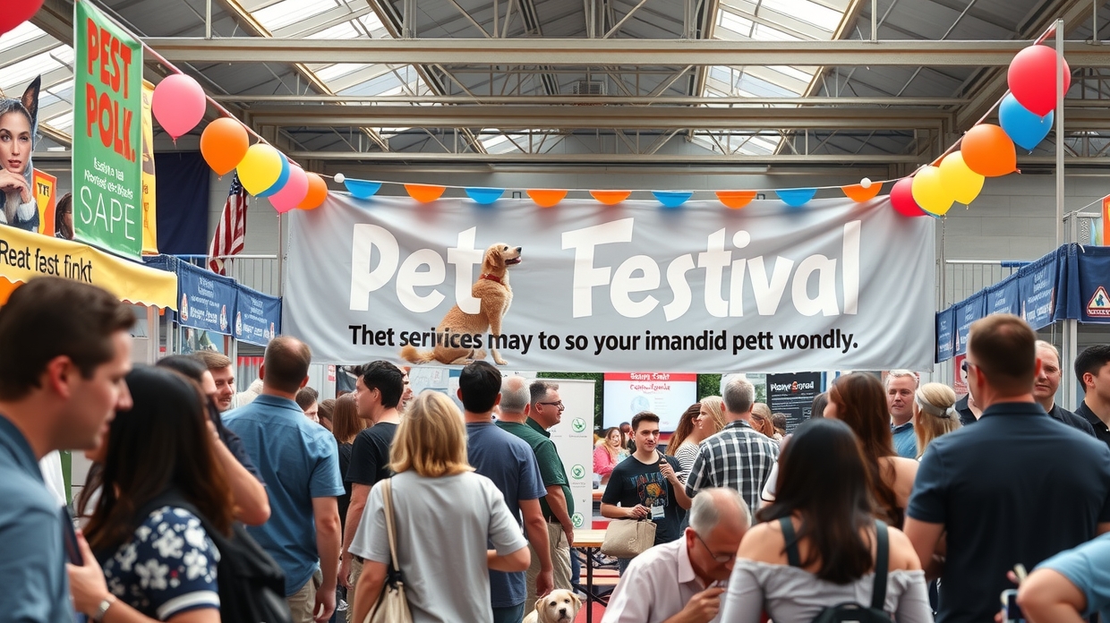 Vendor setting up a pet festival banner outdoors