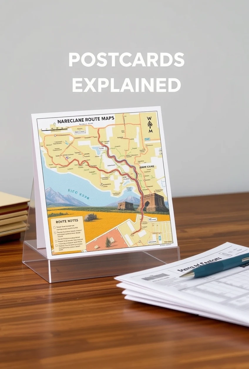 Landscape Orientation Postcards Explained: Size, Use Case, and Mailing Trade-Offs: a route map concept with a postcard sample and planning notes.