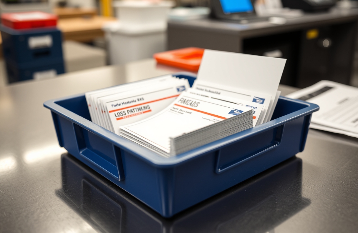 Mini Handout Postcards Explained: Size, Use Case, and Mailing Trade-Offs: a USPS tray holding postcard mail pieces at a counter.
