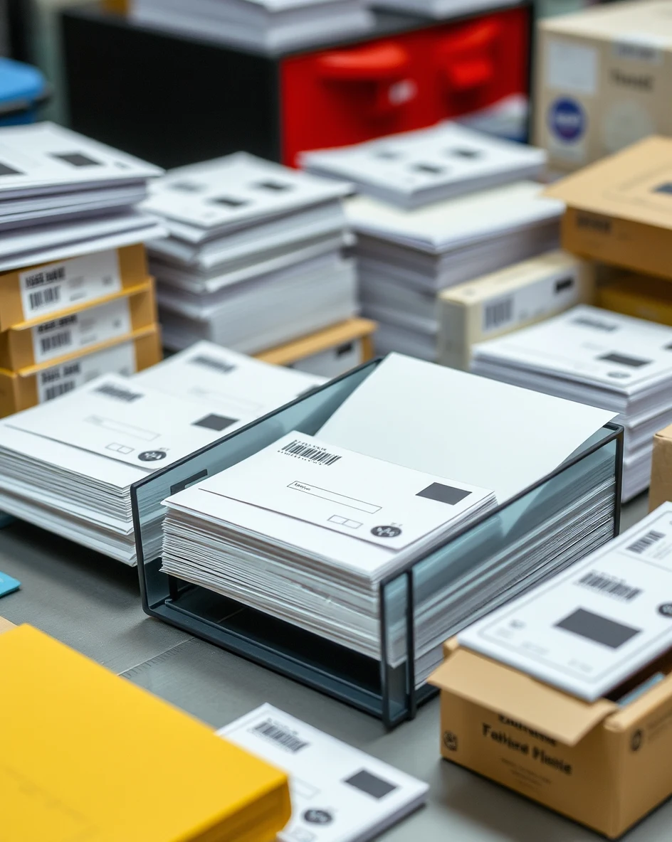 Mini Handout Postcards Explained: Size, Use Case, and Mailing Trade-Offs: a mail prep station with finished postcards, labels, and packing materials.