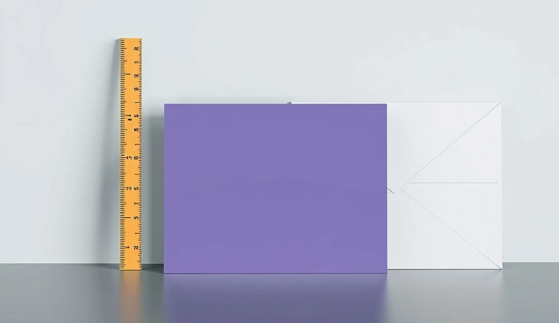 Oversized Announcement Postcards: Choosing the Right Postcard Format Without Guesswork: a postcard standing next to a ruler and envelope to show scale.