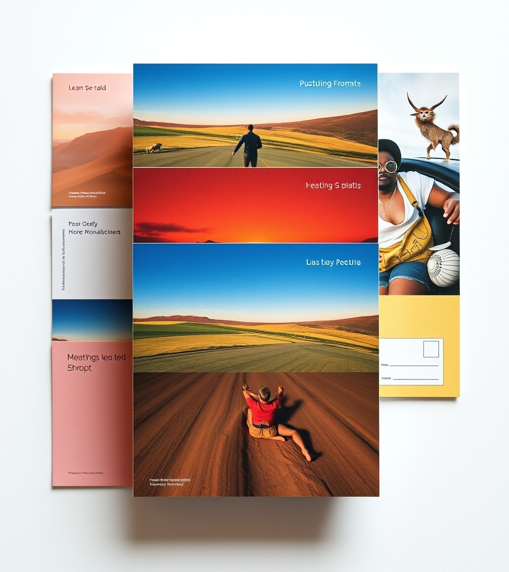Oversized Announcement Postcards: Choosing the Right Postcard Format Without Guesswork: an overhead grid of postcard formats from compact to oversized.
