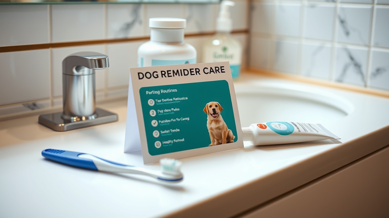 Owner checking a dental reminder card before brushing