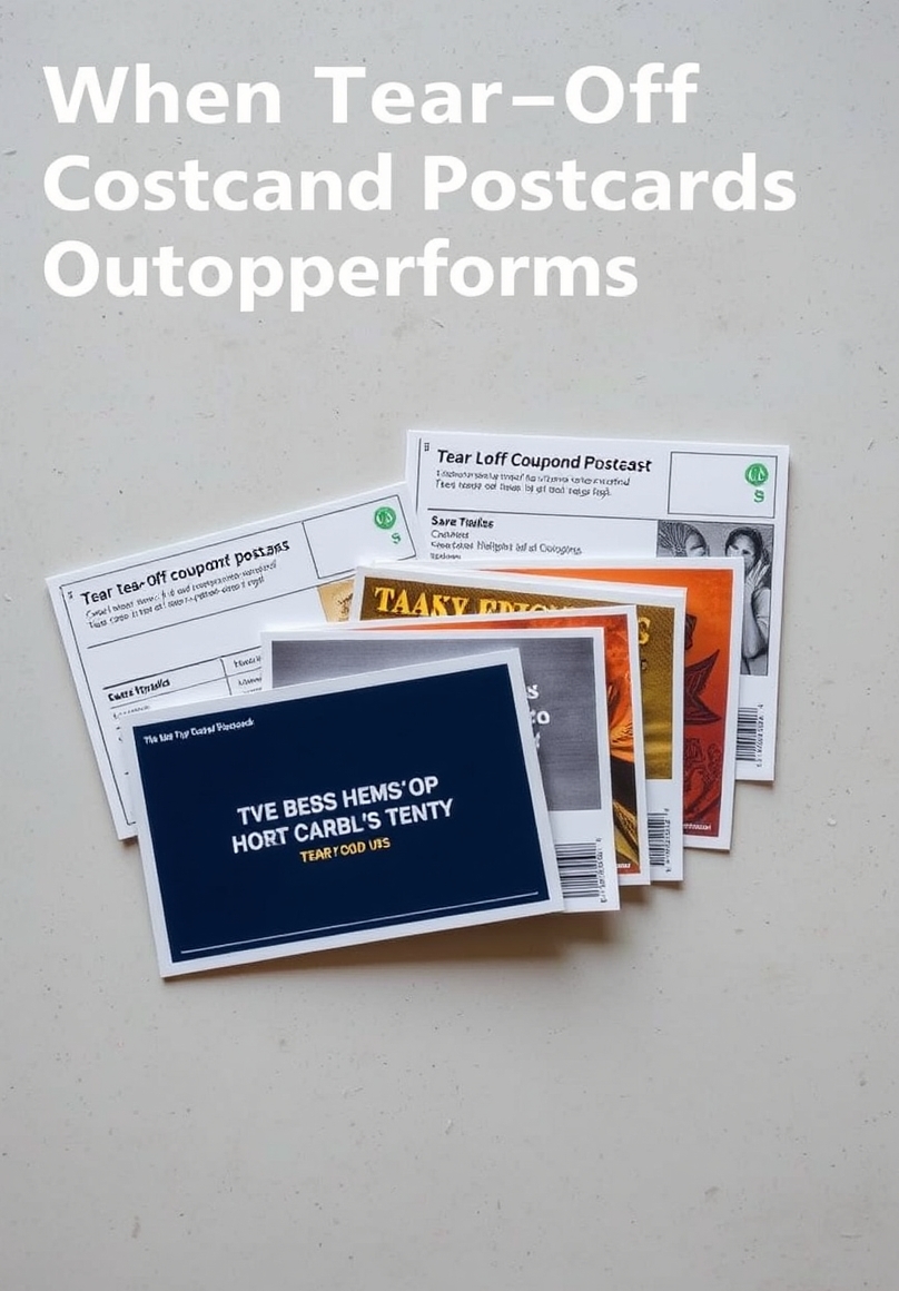 When Tear Off Coupon Postcards Outperforms Standard Postcards: multiple postcard sizes laid side by side on a neutral table for comparison.