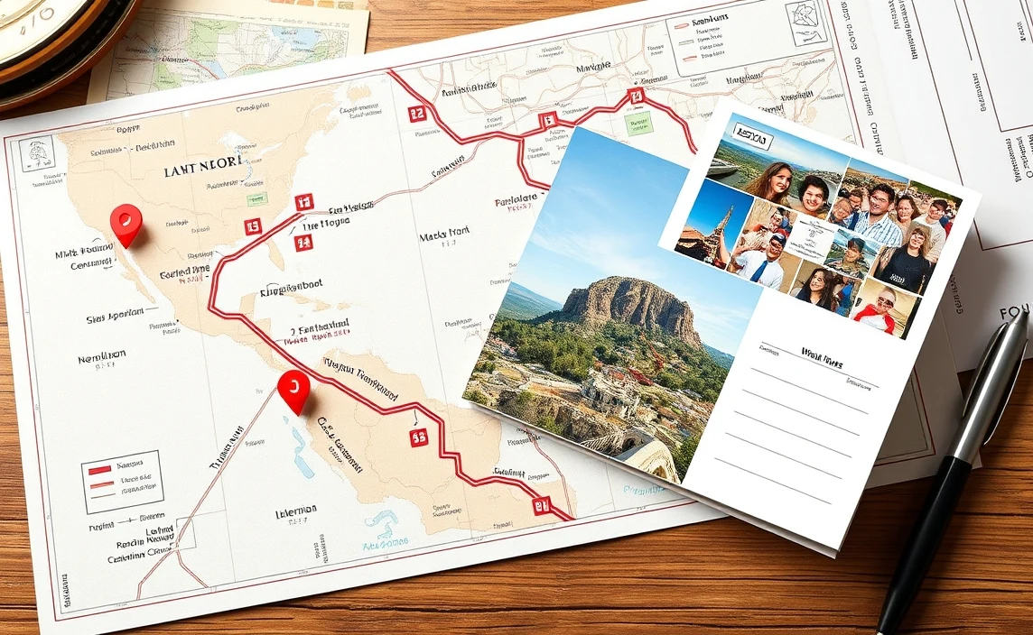 Photo Collage Postcards Explained: Size, Use Case, and Mailing Trade-Offs: a route map concept with a postcard sample and planning notes.