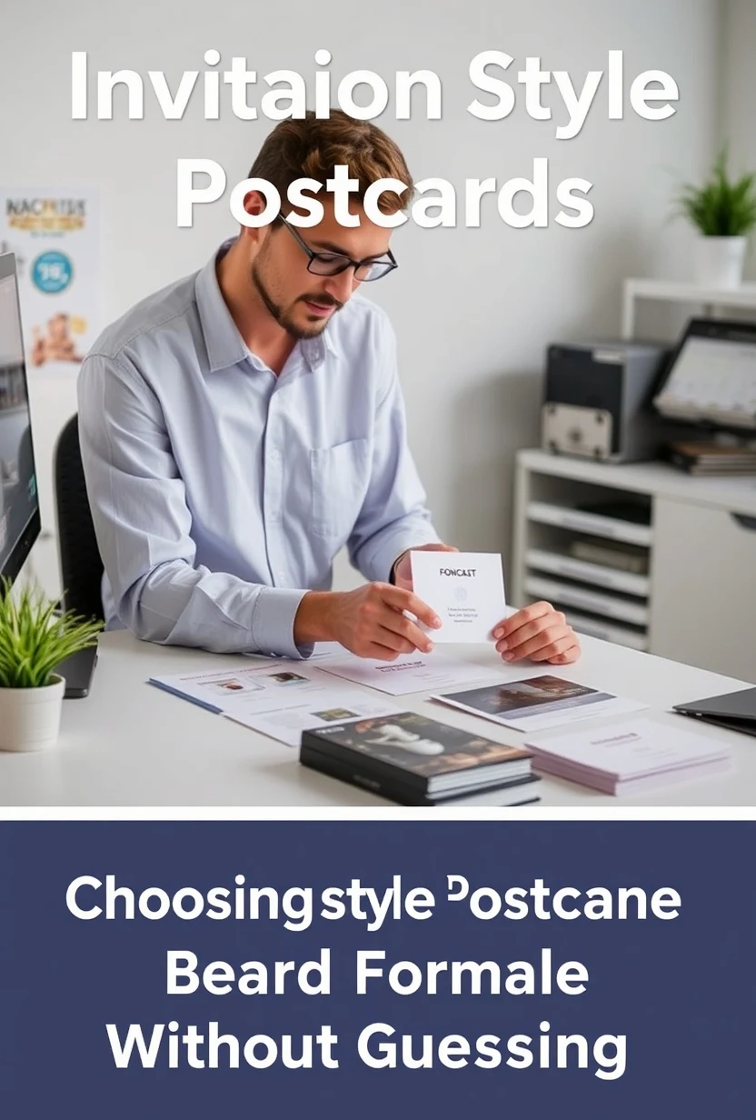 Invitation Style Postcards: Choosing the Right Postcard Format Without Guesswork: a designer reviewing format options on a clean desk with sample cards.