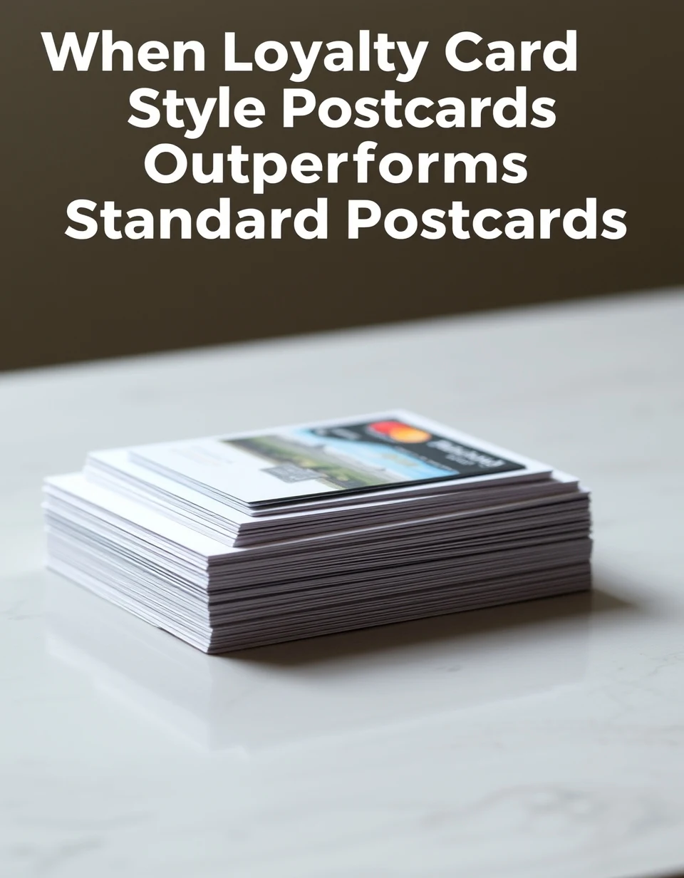 When Loyalty Card Style Postcards Outperforms Standard Postcards: a stack of postcard sizes arranged in ascending order on a tabletop.