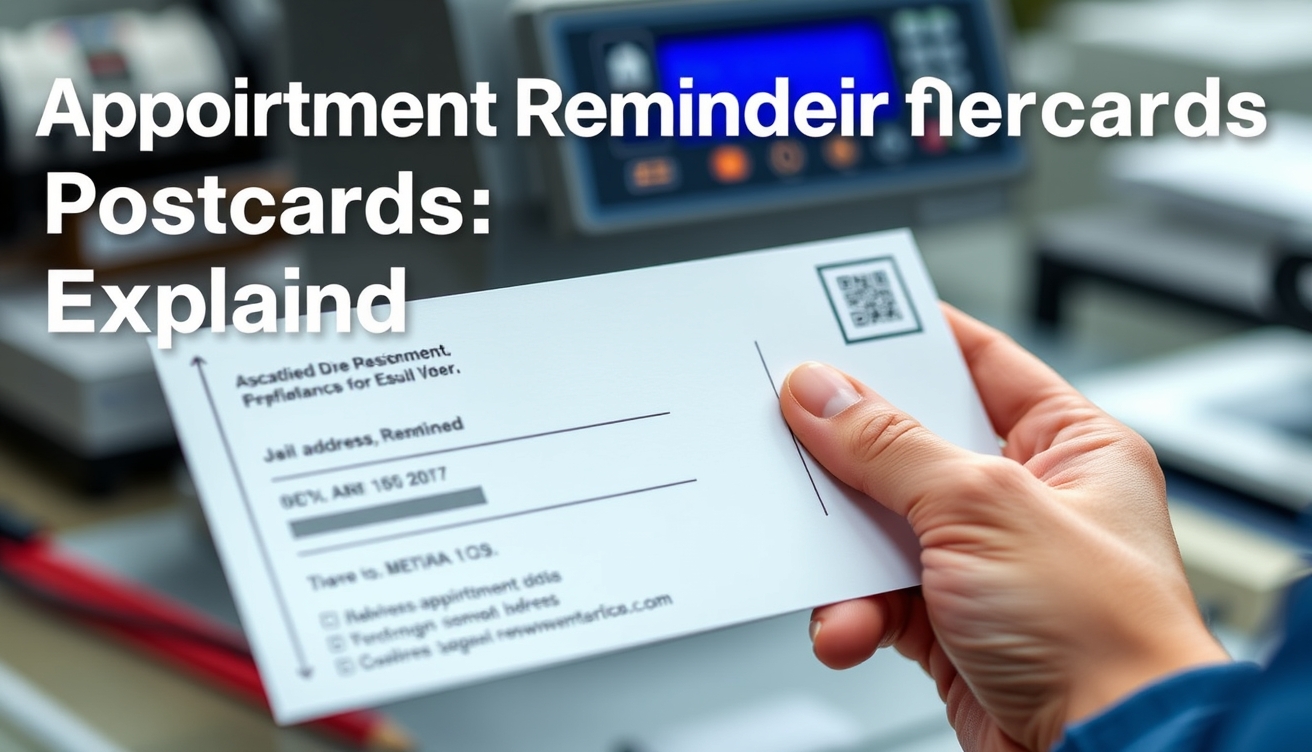Appointment Reminder Postcards Explained: Size, Use Case, and Mailing Trade-Offs: a hand preparing a postcard with address-side details and indicia area visible.