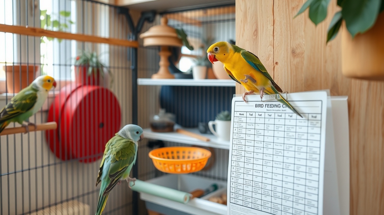 Owner checking a bird feeding chart before breakfast
