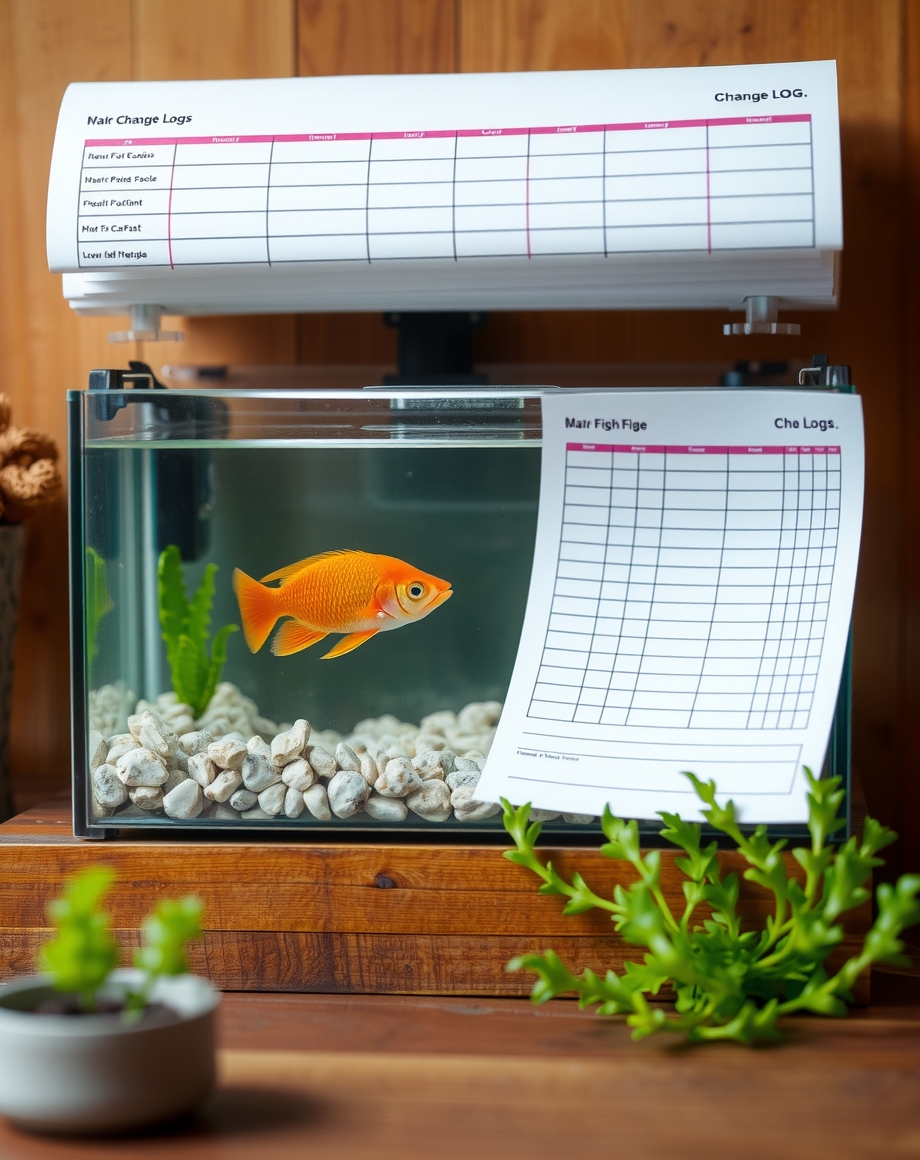 Aquarium water change log beside fish tank maintenance supplies