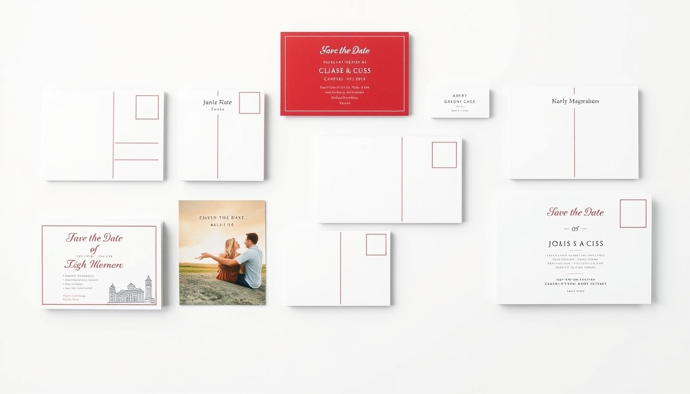 Save The Date Postcards: Choosing the Right Postcard Format Without Guesswork: an overhead grid of postcard formats from compact to oversized.