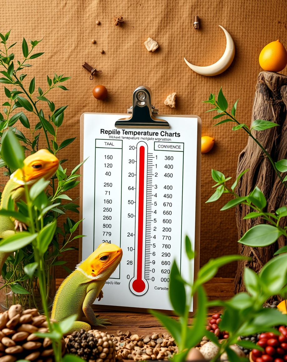 Reptile temperature chart beside habitat lights and gauges