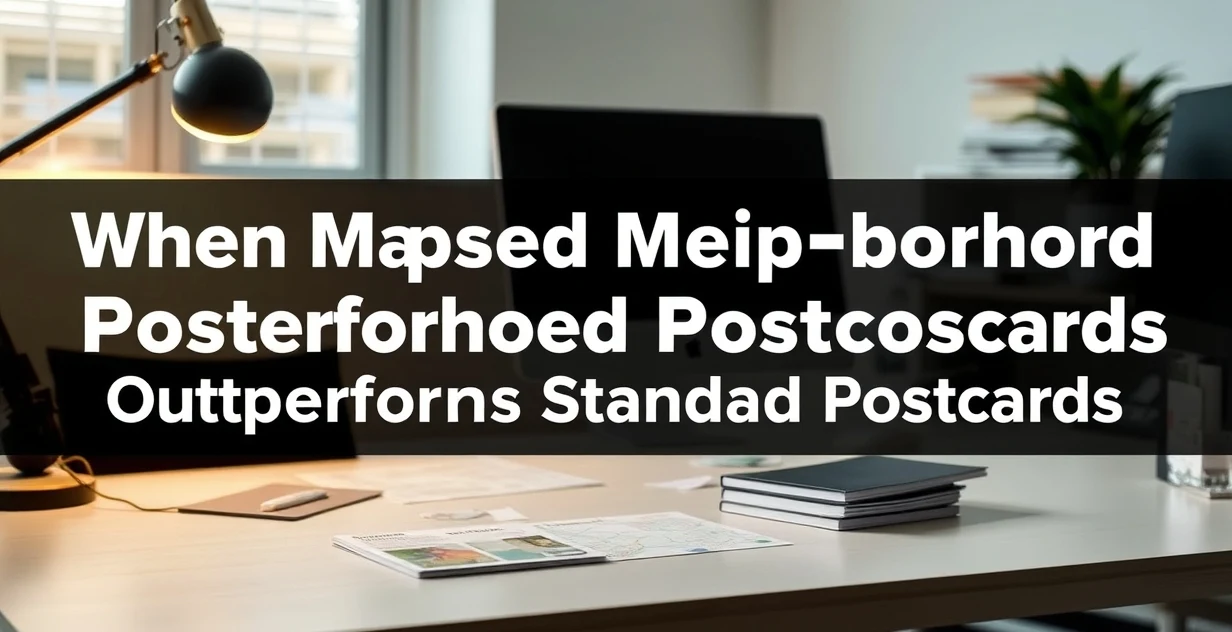 When Map Based Neighborhood Postcards Outperforms Standard Postcards: a designer reviewing format options on a clean desk with sample cards.