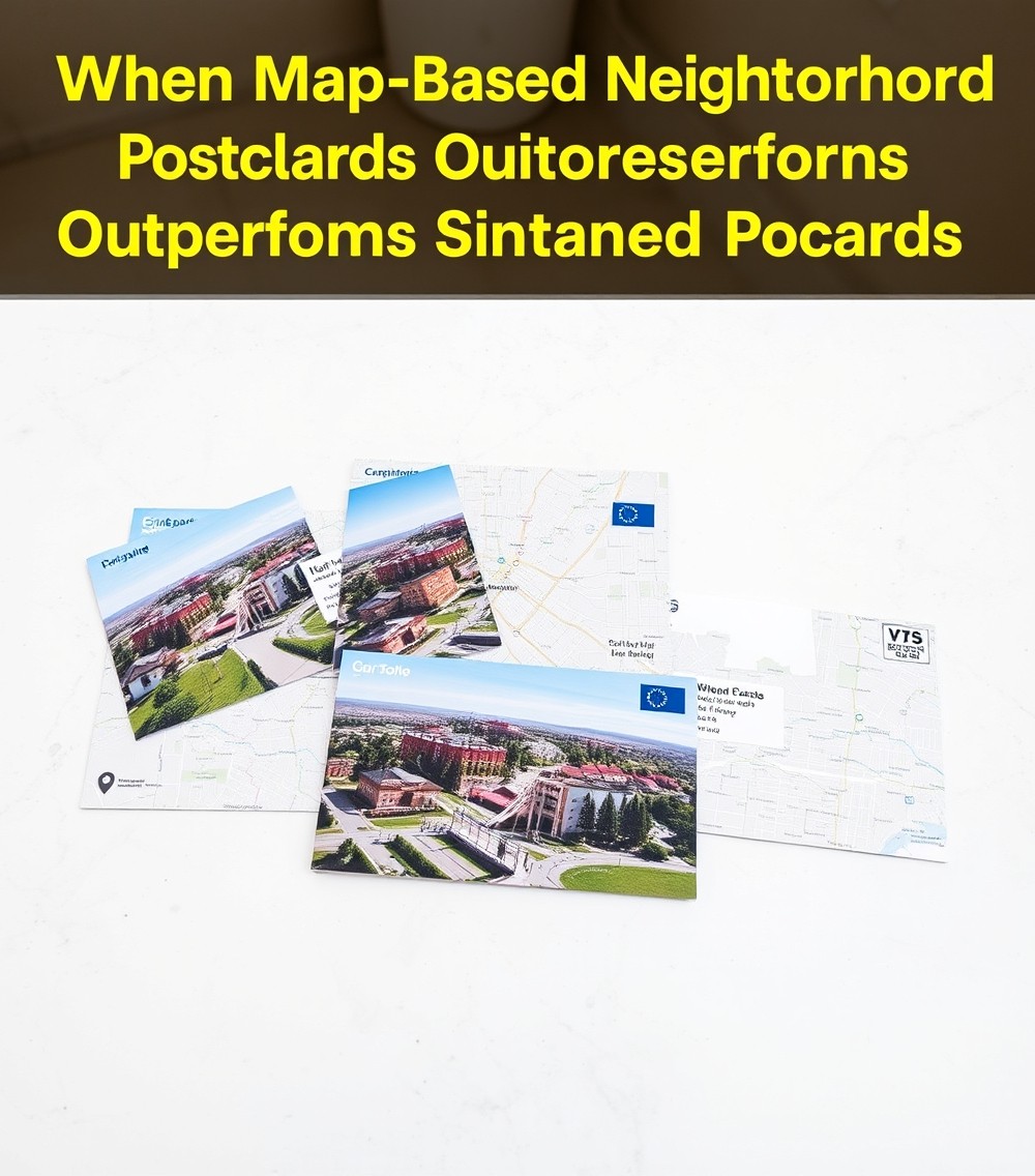 When Map Based Neighborhood Postcards Outperforms Standard Postcards: multiple postcard sizes laid side by side on a neutral table for comparison.