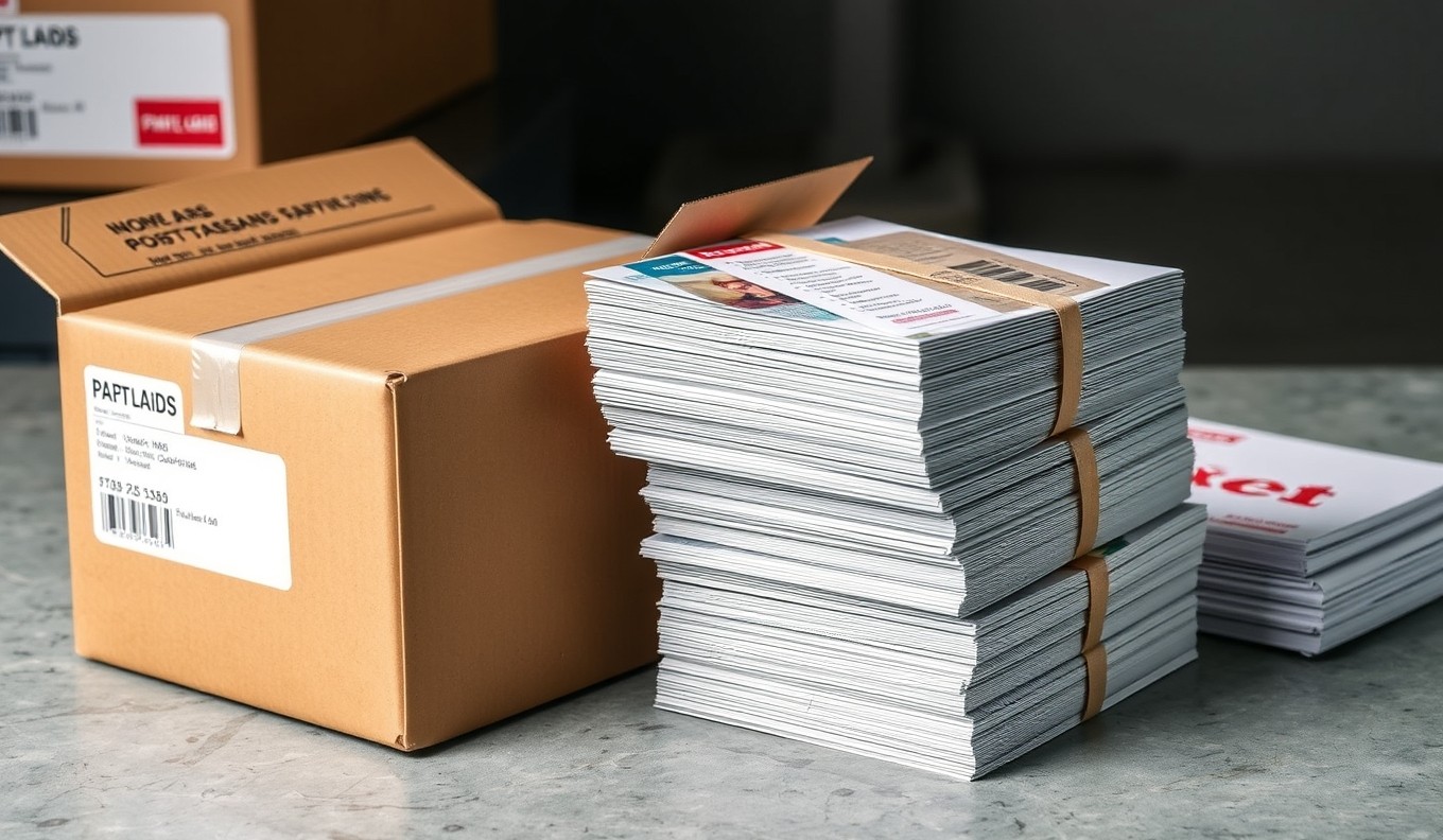 Dual Sided Coupon Postcards Explained: Size, Use Case, and Mailing Trade-Offs: a stack of postcards bundled for mailing beside a shipping box and postal forms.