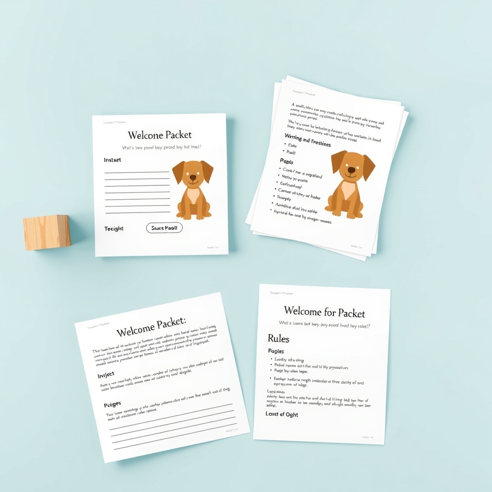 Boarding staff greeting a client with a welcome packet