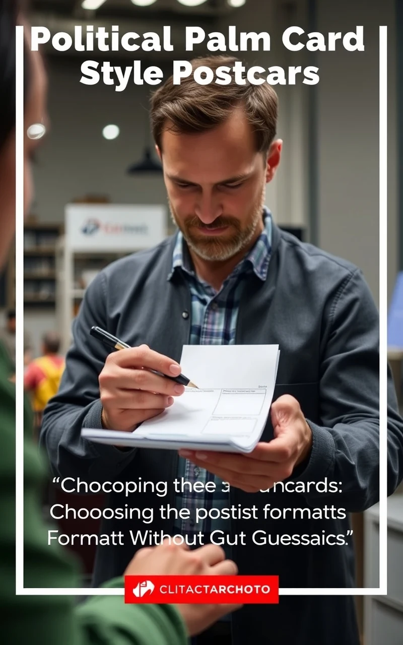 Political Palm Card Style Postcards: Choosing the Right Postcard Format Without Guesswork: a campaign organizer checking a postcard mockup with a pen and paper notes.
