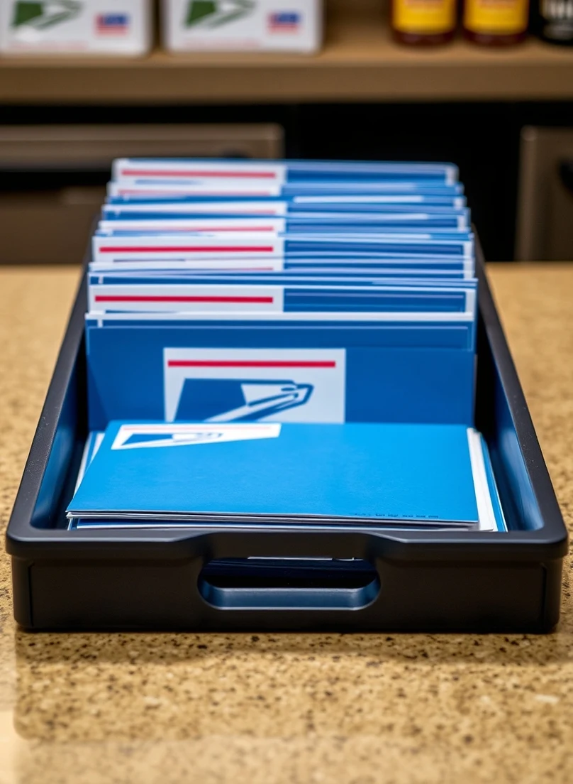 Menu Promotion Postcard Formats Explained: Size, Use Case, and Mailing Trade-Offs: a USPS tray holding postcard mail pieces at a counter.